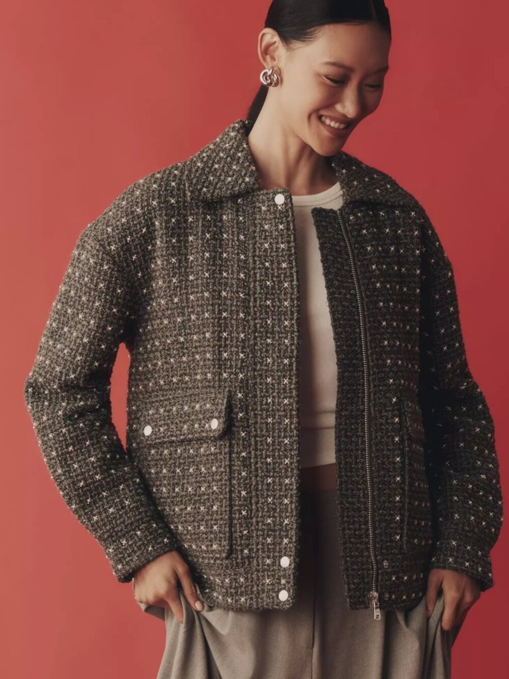 Anthropologie Avec Les Filles Gray X Pearl-Embellished Bomber Jacket XS